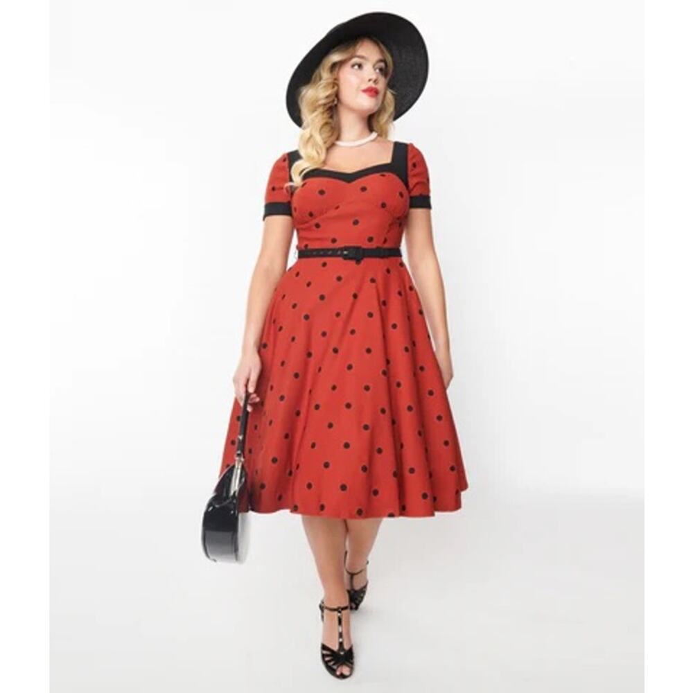 Unique Vintage Red and Black Short Sleeve Midi Length Retro Style Dress Size S/M - Picture 2 of 10
